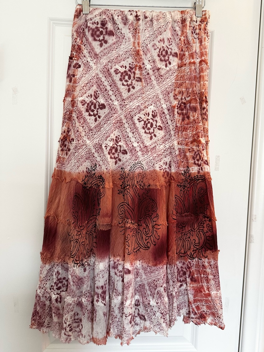 Bohemian Tiered Floral Print Maxi Skirt in Rust and Cream Y2K Medium